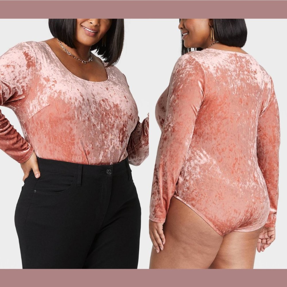 NWT Ava & Viv [ Plus Size 1X ] Long‎ Sleeve Velvet Bodysuit in Pink Peach